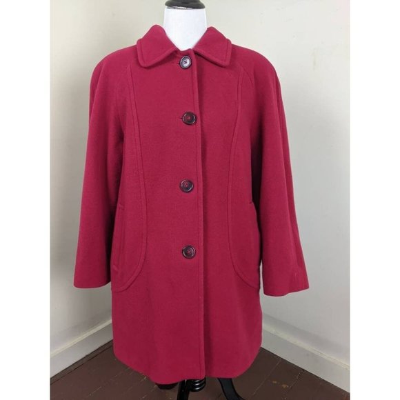 Women's Classic London Fog Red Wool Coat Petite Sz 14 Button Down Overcoat - Picture 3 of 6